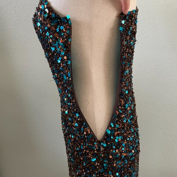 Scala Vintage One Shoulder Blue Bronze Embellished Sequin Mini Dress | Medium - Picture 3 of 11